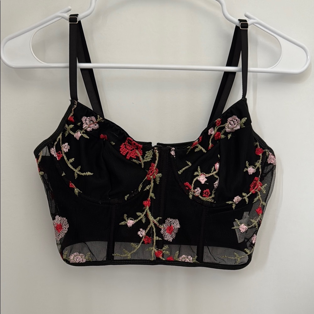 Floral Embroidered Black Crop Top